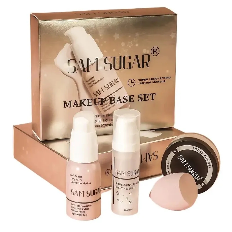 Makeup Base Sæt med 15ml Primer 30ml Matte Foundation 5g Løs Powder Puff For Glat Fejlfri Hud Longwear — image 2