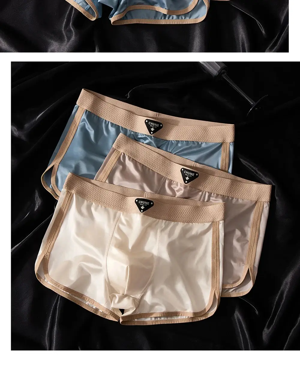 3 ชิ้น/แพ็คหรูหราซาตินเหมือนผ้าไหมน้ำแข็งกางเกงในชายดูดความชื้นBreathable Double-Layerผ้าไหมเป้านักมวยกางเกงยืดหยุ่นสูง 3256809382495730 — image 10