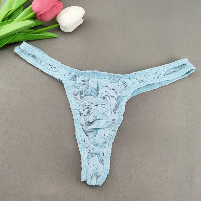Lace Floral Sexy Men's Underwear Solid Hollow Perspective Thong Comfort Bugle Enhance Sissy G-String Gay Low Rise T-back Panties — image 7
