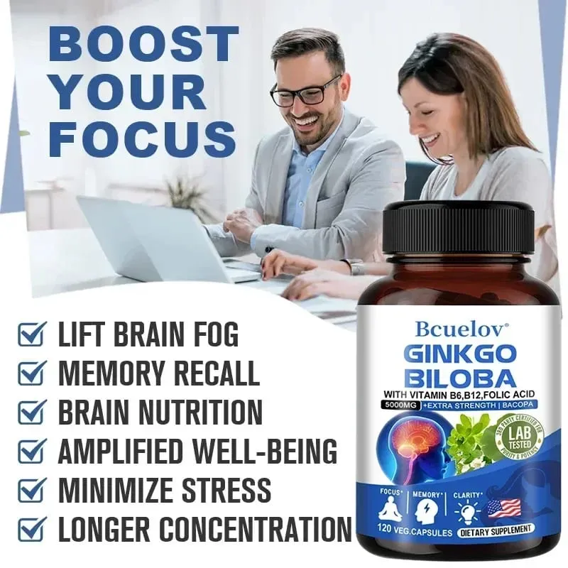 Ginkgo Biloba 5000 mg Extra Fuerte - Apoya la función cerebral y el enfoque de la memoria Alivio del estrés 120 cápsulas vegetales — image 3