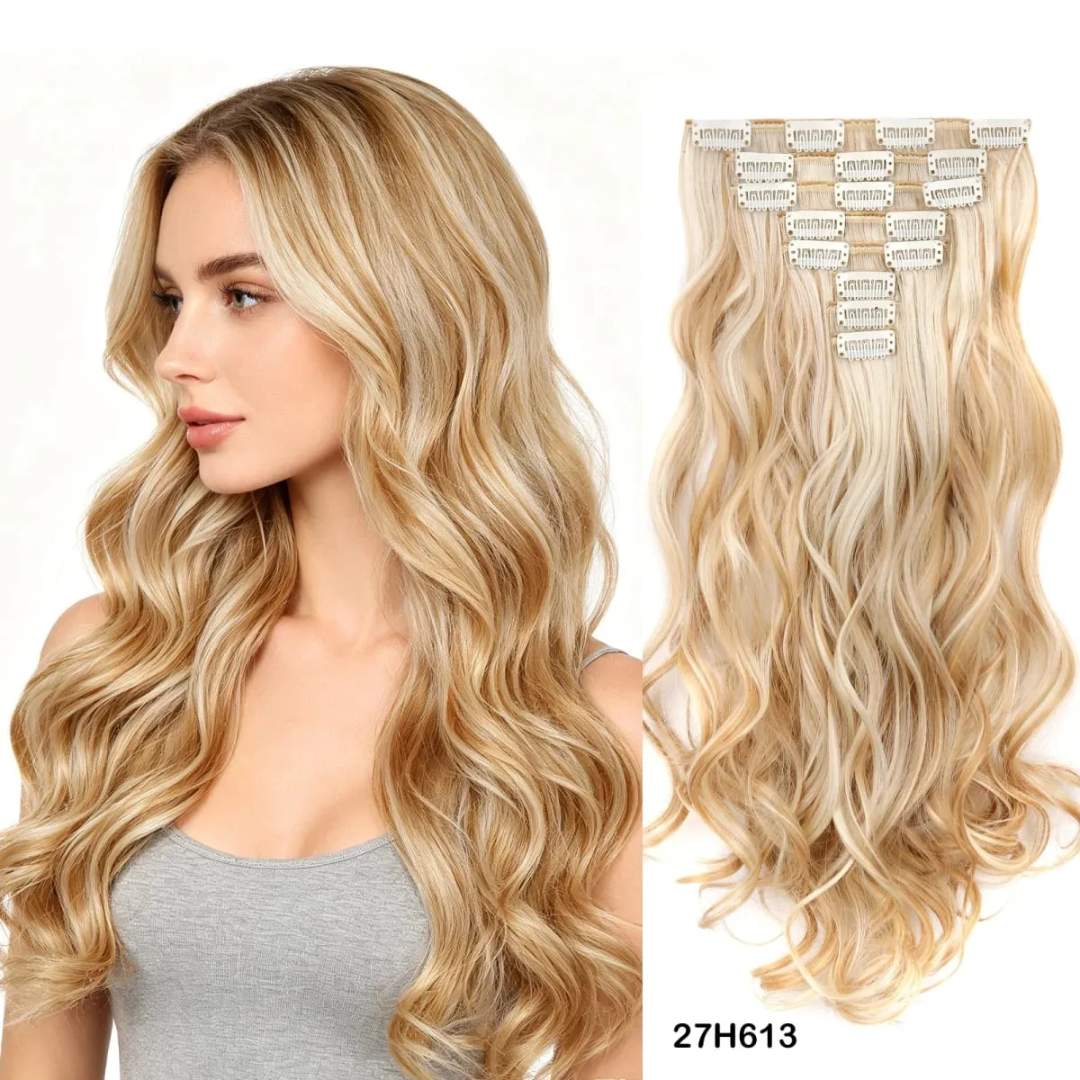 Clip in Hair Extensions Set Full Head 8Pieces With 17clips Synthetic Wavy Hair 20 Inch Matte Heat Resistant Multi Colors