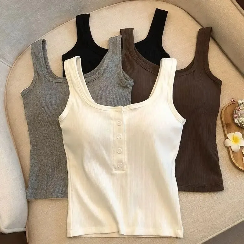 1-teiliges geripptes Henley-Tanktop für Damen mit quadratischem Ausschnitt und Knopfleiste vorne, integrierter BH, ärmelloses Leibchen — image 7
