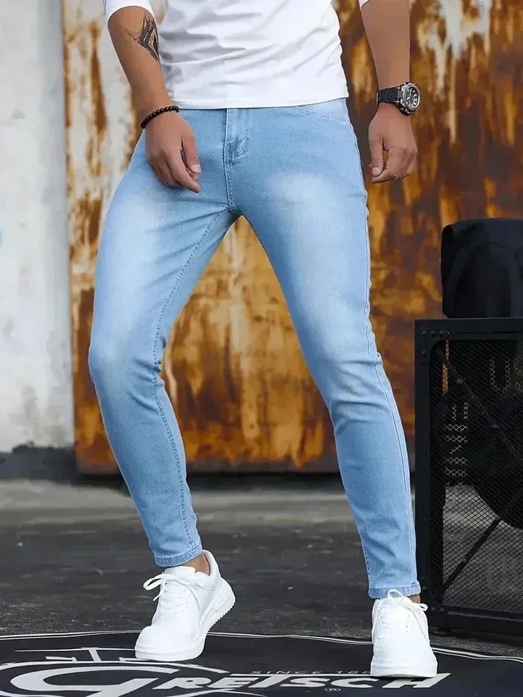 กางเกงยีนส์ผู้ชายยืดกางเกงยีนส์กางเกงสีทึบสีดำสีฟ้าฤดูใบไม้ผลิ Luxury Street Harajuku Hip-Hop สไตล์ SLIM FIT กางเกงยี่ห้อ
