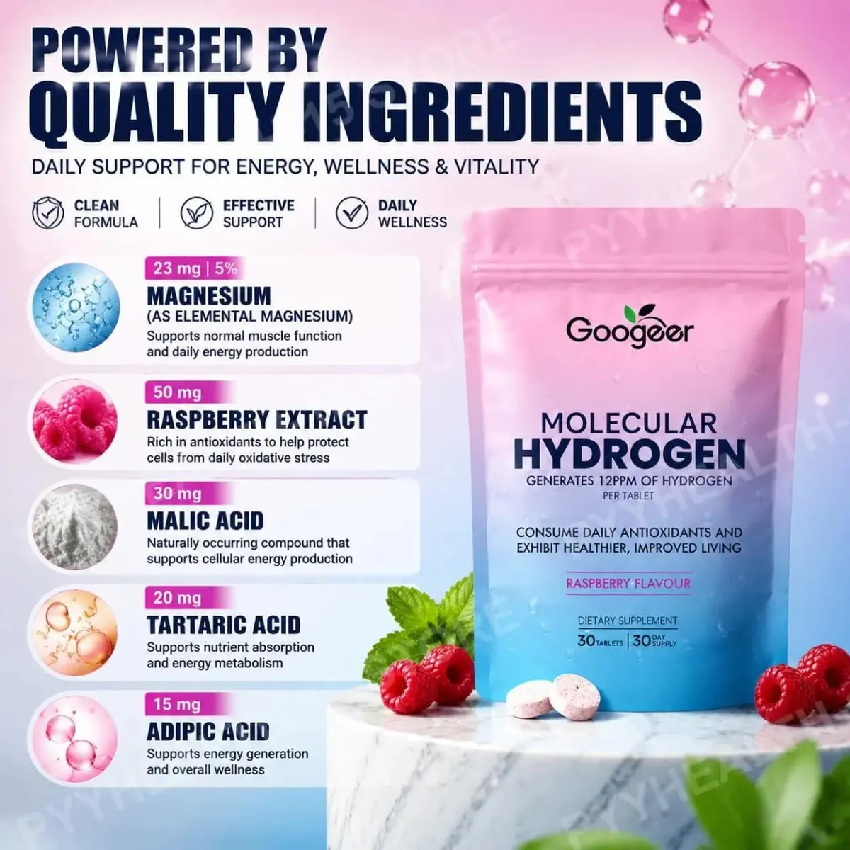 Moleküler Hidrojen Su Tabletleri 12 PPM Magnezyum Ahududu Aromalı Günlük Sağlık ve Antioksidan Desteği 30 Tablet — image 4