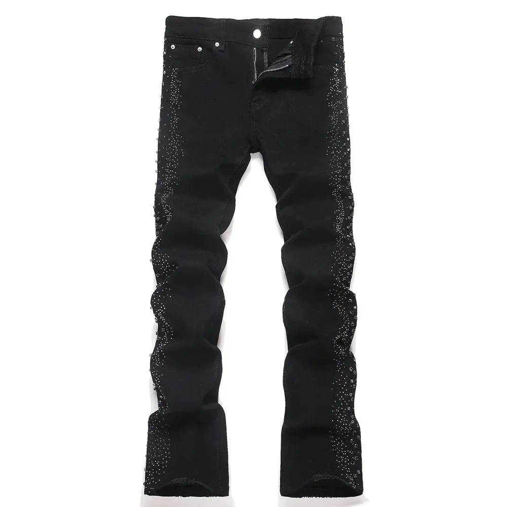 Seluar Jeans Denim Berkobar-kobar Lelaki Punk Kristal Rivet Stretch Kapas Hitam Seluar Spandeks Seluar Slim Potongan But