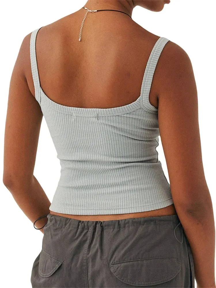 Camisetas sin mangas de color liso para mujer Chaleco básico Sin mangas acanalado Cuello en U Tops cortos ajustados — image 4