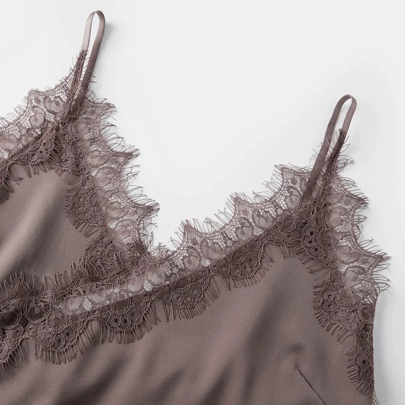 y2k Coquette Satin Lace Tops Cami Silky Lace Trim Patchwork Spaghetti Strap Low Cut Asymmetrical Kamisol Wanita Seksi Slip Tank — image 6