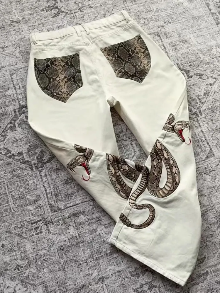 Dạo Phố Retro Rắn Quần Jean Boa Thêu Đồ Họa In Trăn Túi Quần Denim Y2K Xu Hướng Unisex Quần Baggy Ống Suông Quần — image 2