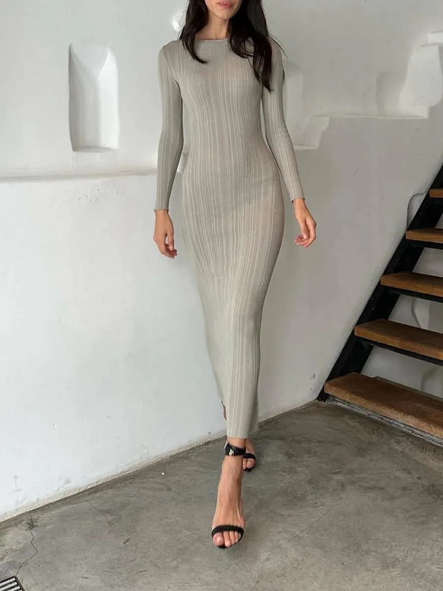 Robe longue en tricot pour femmes, couleur unie, moulante, manches longues, col rond, côtelée, coupe cintrée, printemps automne — image 2