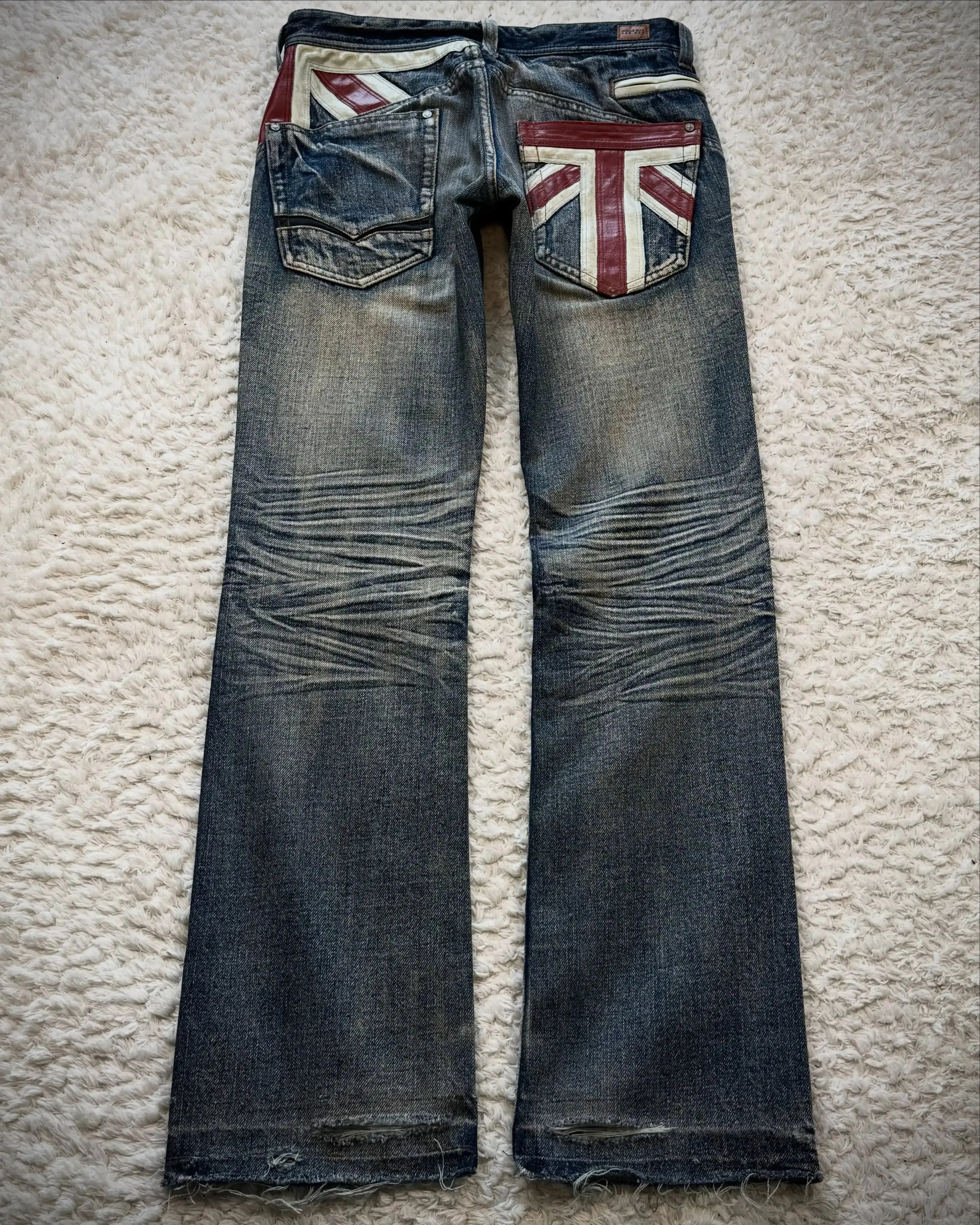 Vintage French Flag Pocket Patchwork Men's Jeans Y2K Low Waisted Straight Leg Blue Washed Denim Pants Women Casual Street Jeans — image 3