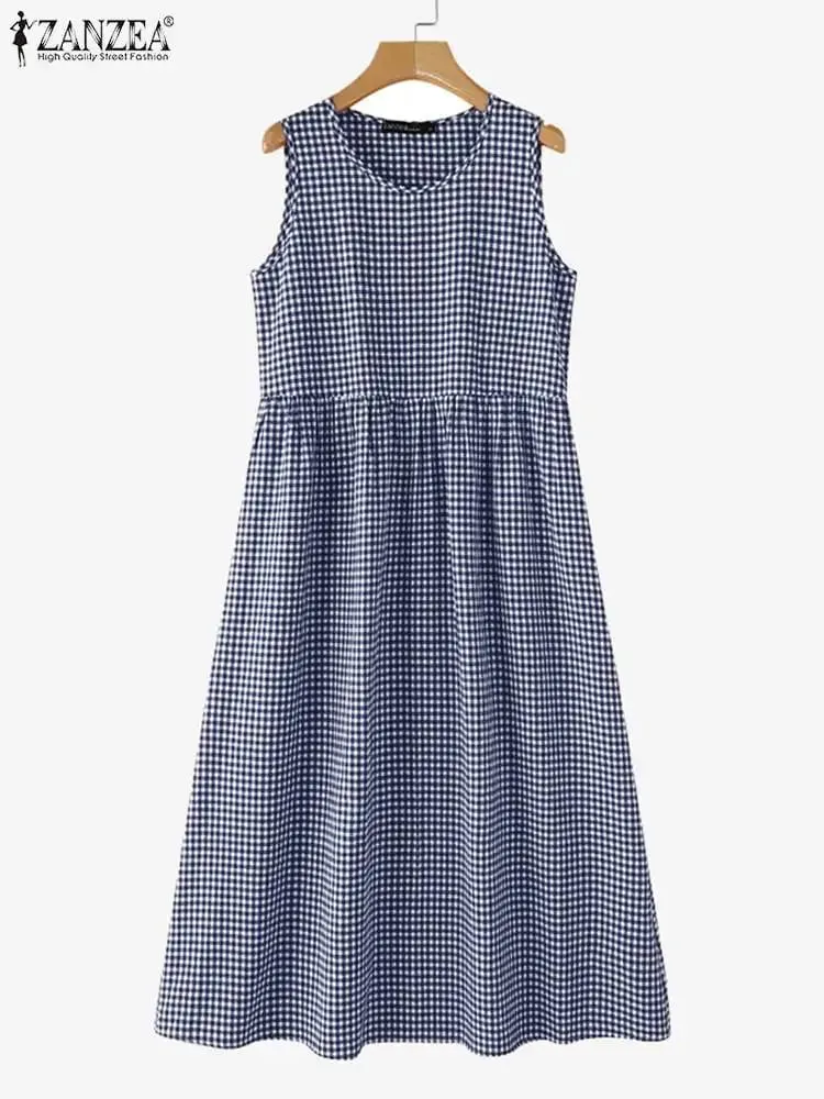 Abito estivo scozzese a quadri senza maniche Abiti da festa Bohemain Abito elegante da donna con scollo a O Abiti da lavoro larghi casual — image 6
