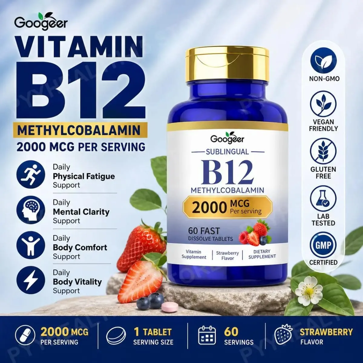 Googeer B12 Methylcobalamin Sublingual Fast Dissolve เม็ดรสสตรอเบอร์รี่สำหรับ Daily Body Comfort Support 60 เม็ด