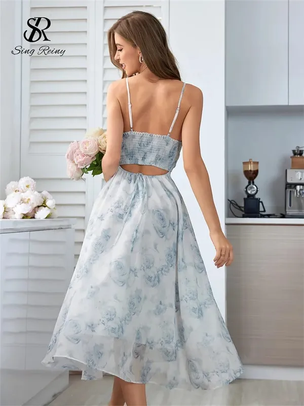 Women Floral Spaghetti Strap Dress Elastic Ruched Sexy Hollow Backless Party Dress Summer Boho Vacation Beach Sundress — image 6