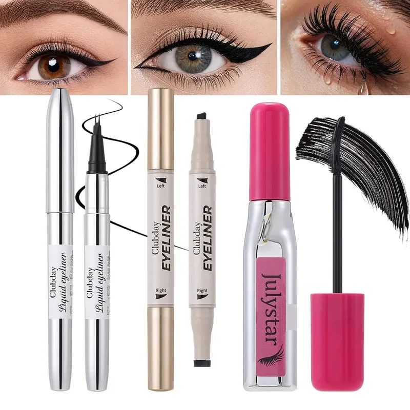 Kit pour les yeux 3 pièces longue tenue, eye-liner à double extrémité pour sourcils, tampon à ailes, eye-liner, mascara volumateur, créez des looks époustouflants — image 2