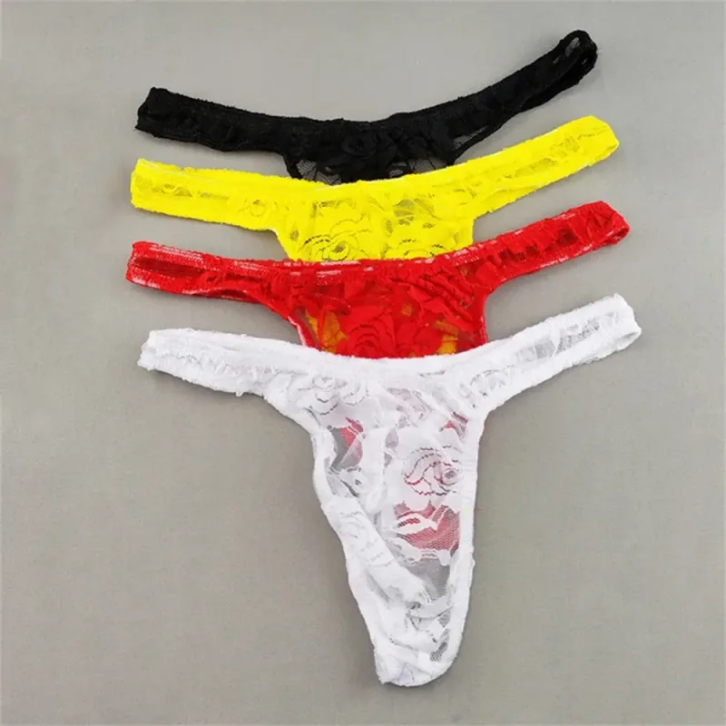 Lace Floral Sexy Men's Underwear Solid Hollow Perspective Thong Comfort Bugle Enhance Sissy G-String Gay Low Rise T-back Panties — image 1
