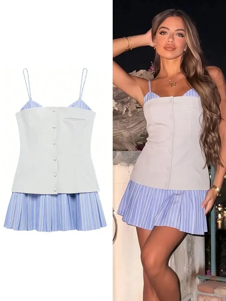 HH Womens 우아한 파티 가짜 2 조각 솔리드 Bustier 스트라이프 플리츠 스커트 여름 해변 휴가 캐주얼 스파게티 스트랩 미니 드레스 — image 2