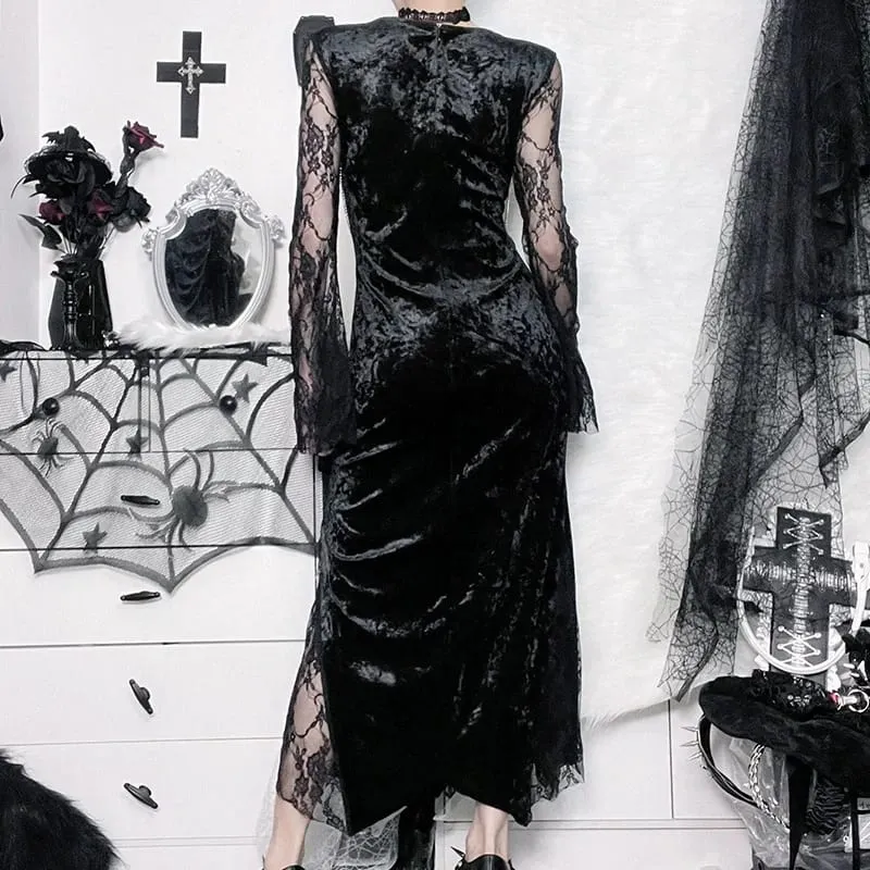 Goth Dark Elegant Mall Gothic Women Evening Dresses Grunge Aesthetic E-girl Velvet Midi Dress Lace Splice Sexy Split Alt Outfits — image 5