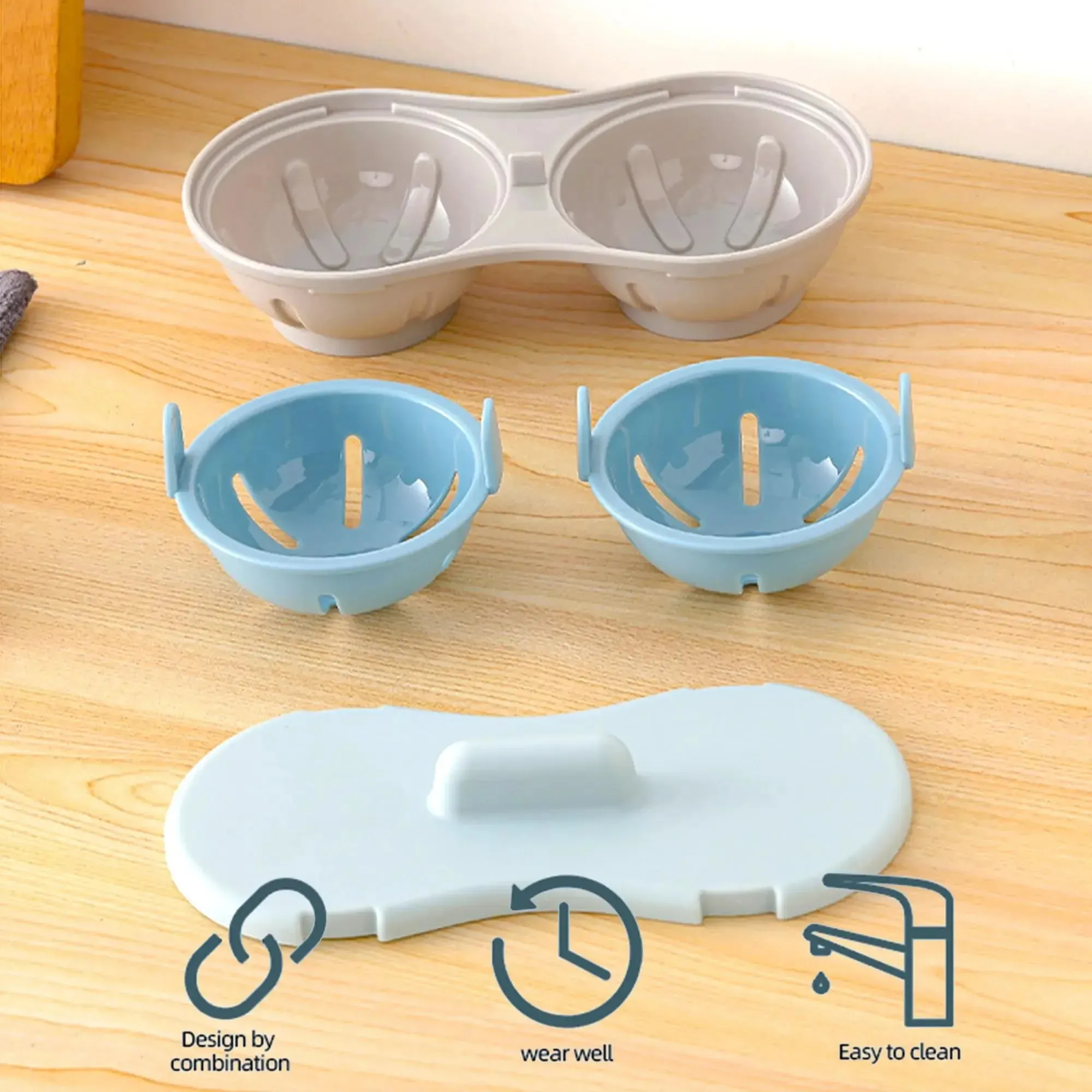 Cazador furtivo de huevos para microondas, cazador furtivo de huevos doble eficiente para microondas, cocina huevos escalfados con escurridor desmontable, calor para cocina — image 3
