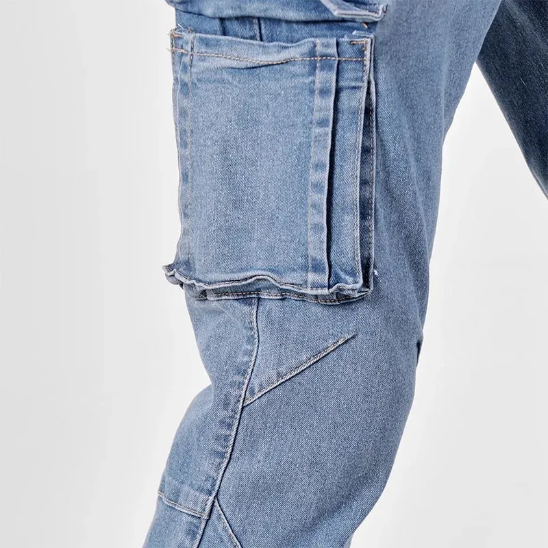 Pantalones Cargo de Mezclilla con Cintura elástica Estilo Callejero para Hombre, Vaqueros Informales de Corte Entallado y Lavado de Color sólido con múltiples Bolsillos para Uso Diario