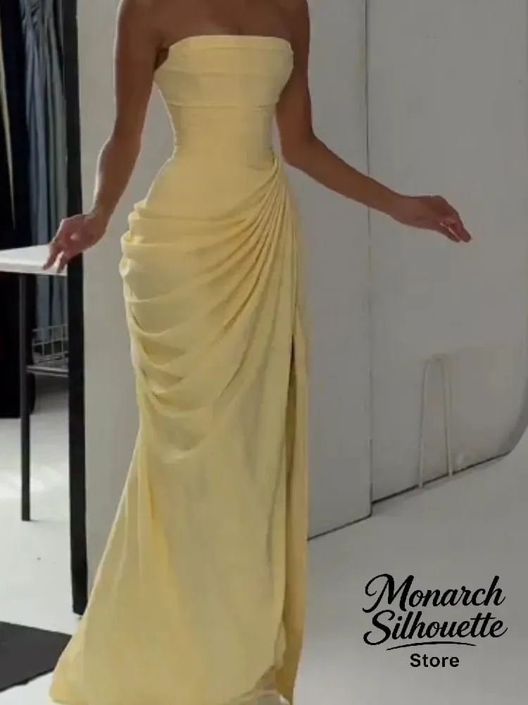 Elegante abito lungo pieghettato giallo senza spalline da donna Chic abito senza maniche solido in vita che stringe l'abito diviso 2026 abiti da sera da sera per donna — image 5