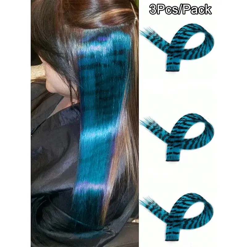 3 pezzi estensioni dei capelli con stampa leopardata striscia sintetica pezzo di capelli stampato clip lunga e dritta colorata nei capelli per le donne ragazze festa — image 13