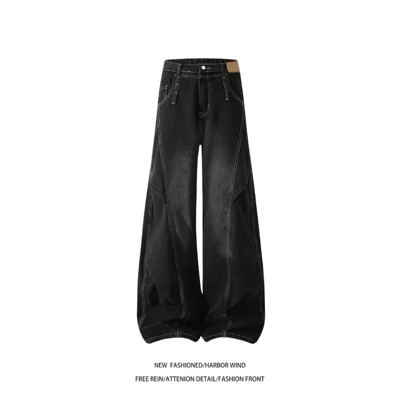 Celana Jeans Panjang Kasual Longgar Desain Berlipat Sambungan Jahitan Kontras Jeans Pedang Kaki Lebar Gaya Amerika 2026 Pria untuk Pria — image 5