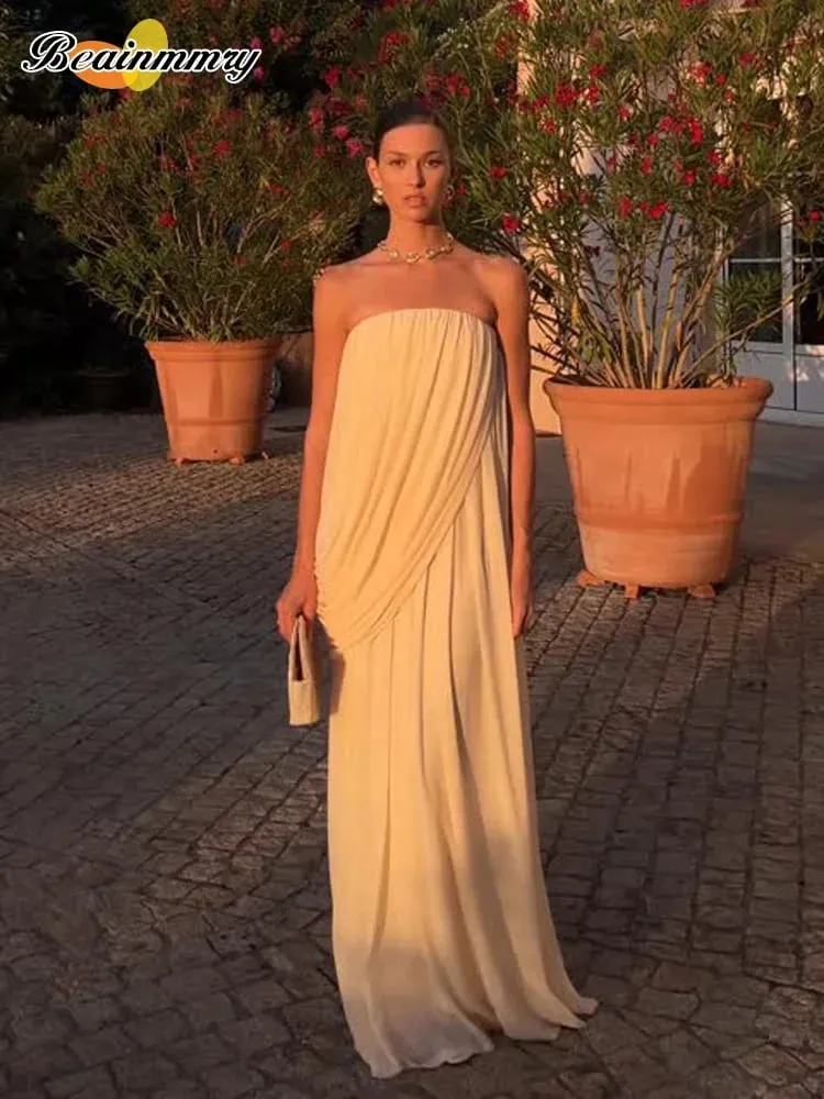 Sexy skládané maxi šaty bez ramínek Dámské elegantní Jednobarevné Bez rukávů Bez záda Volné dlouhé šaty 2026 Letní Dáma Dovolená Plážový outfit
