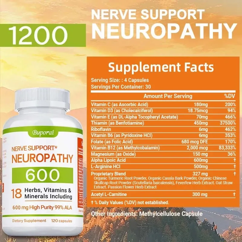 Supplément de soutien à la neuropathie 600 mg - Réduit le stress Favorise la santé nerveuse et la fonction cérébrale Énergie cellulaire sans OGM — image 2
