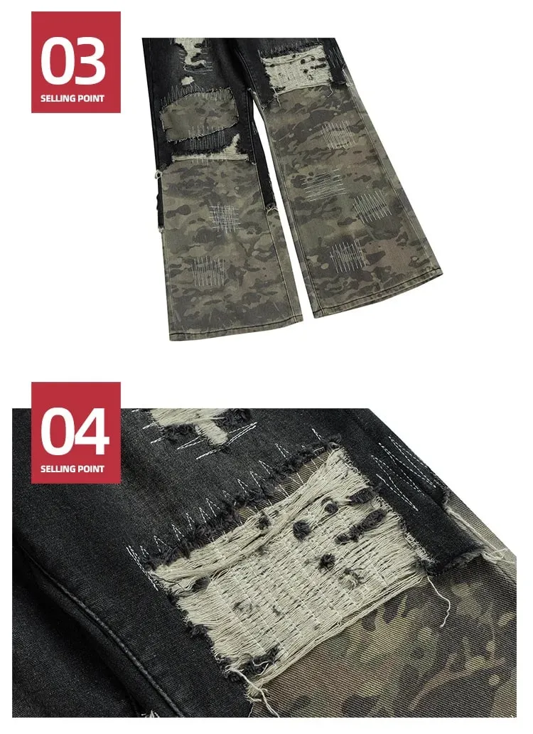 Jeans Men's and Women's Camouflage Patchwork Washed Hole Design Jeans 2025ss — image 6