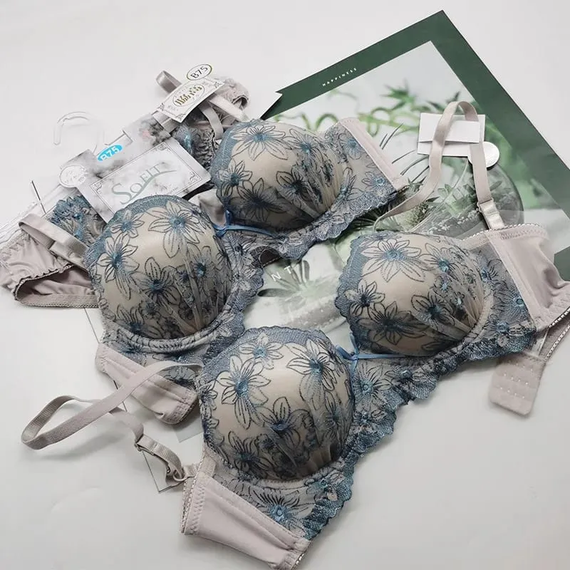 Neues, stützendes Spitzen-BH-Set, Luxusmodelle, Stickerei, hautfreundliche Dessous, kurzer Anzug, bequeme, kabellose Unterwäsche — image 1
