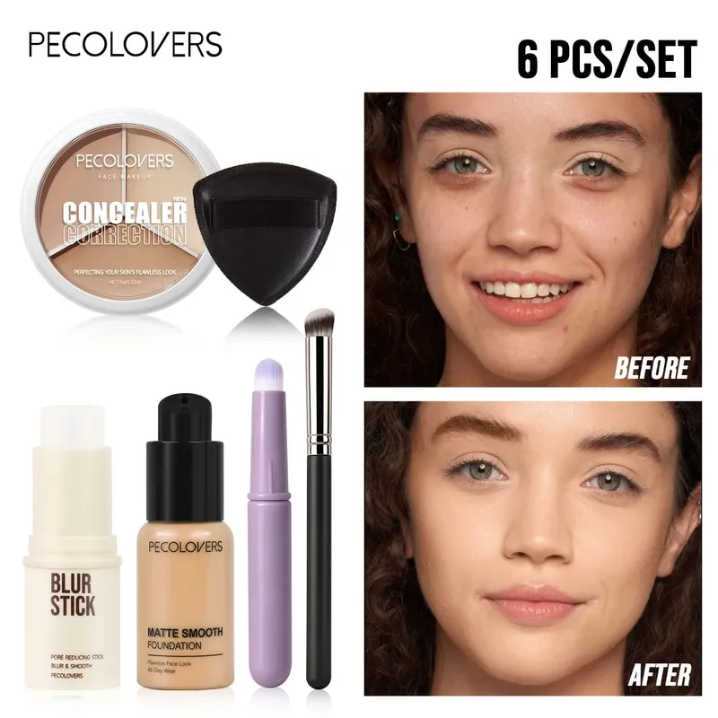 6 יחידות/סט סט איפור בסיס ללא רבב - פורי פריימר בעל כיסוי מלא עם מברשת קונסילר בסיס נוזלי קל משקל