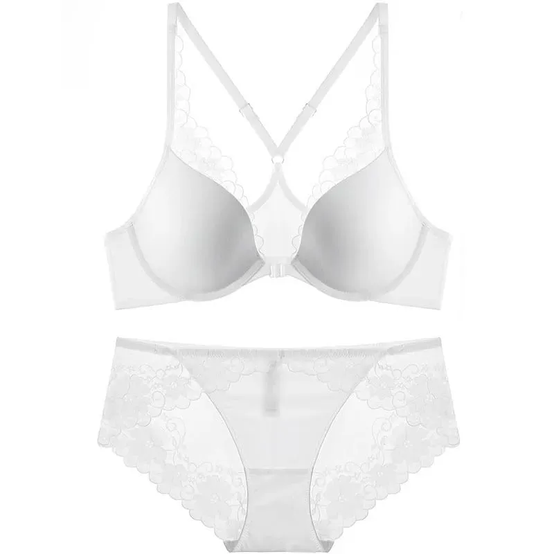 high quality sexy women bras and brief two piece set front closed push up lace A B C cup wire summer lingerie underwear black — image 7