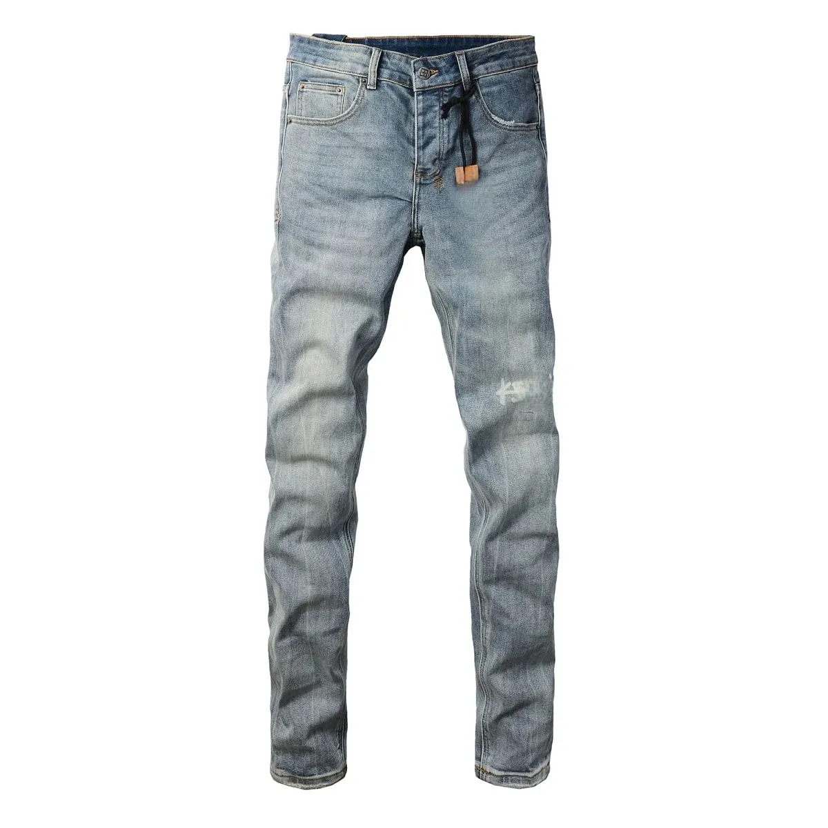 Jean en denim vieilli délavé bleu High Street pour hommes avec braguette boutonnée à motif de lettre brodée, adapté à un usage toutes saisons — image 9