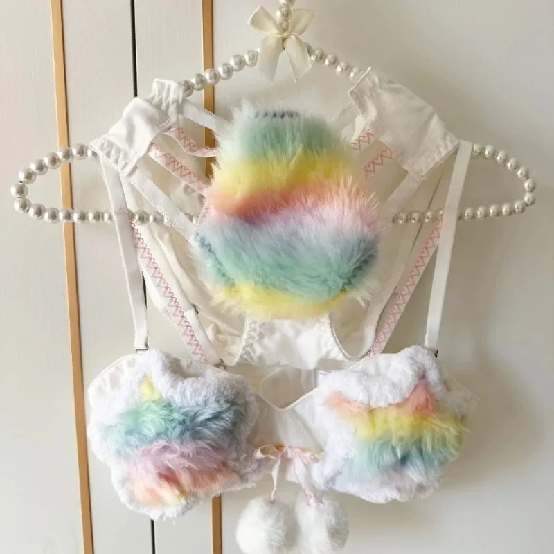 Womens Plush Rainbow Star 2 Piece Bra and Panty Set without Underwire Furry Lingerie Underwear for Cosplay or D0UB — image 2