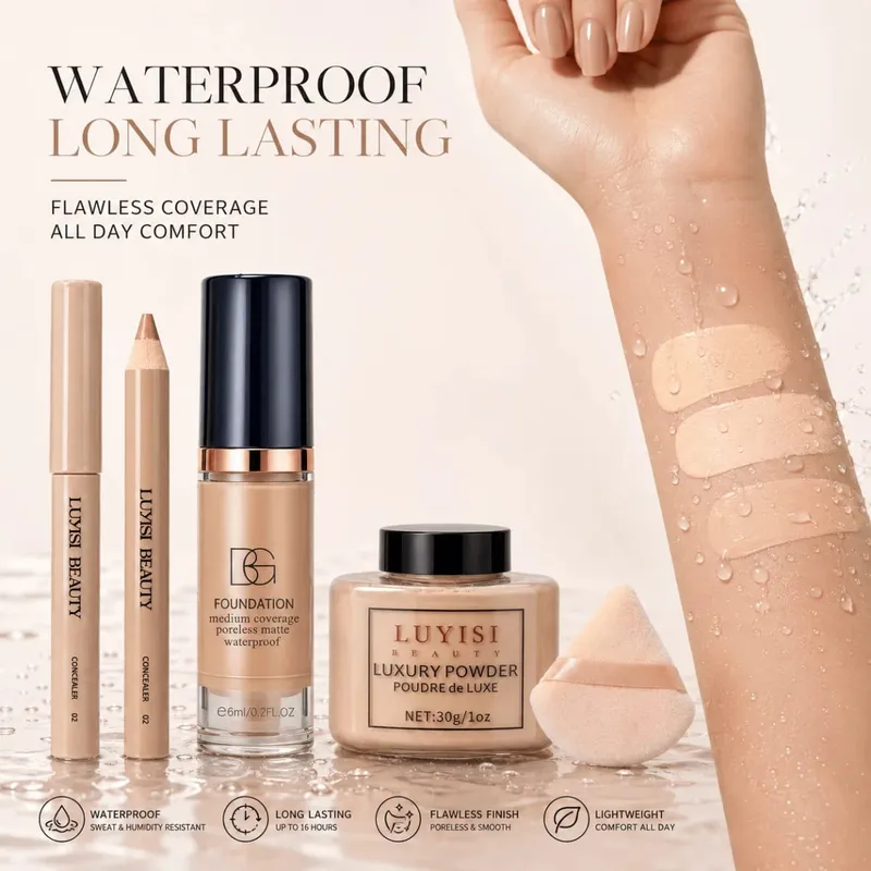 4-teiliges Gesichts-Make-up-Set: 1 Concealer-Stift + 1 Foundation + 1 loser Puder + 1 Puff Flawless Waterproof Long-Lasting Natural — image 4