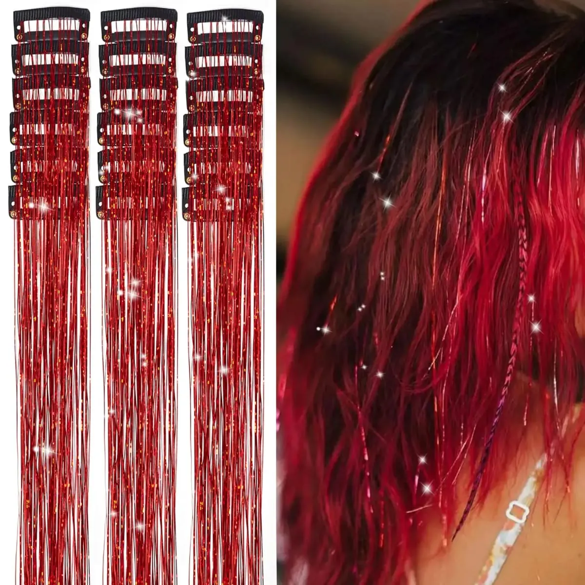 20 นิ้ว Glitter Tinsel Hair Extensions พร้อมคลิป 6 ชิ้น/เซ็ตสังเคราะห์คลิปใน Sparkle Fairy อุปกรณ์เสริมผมสำหรับเด็กผู้หญิง — image 5