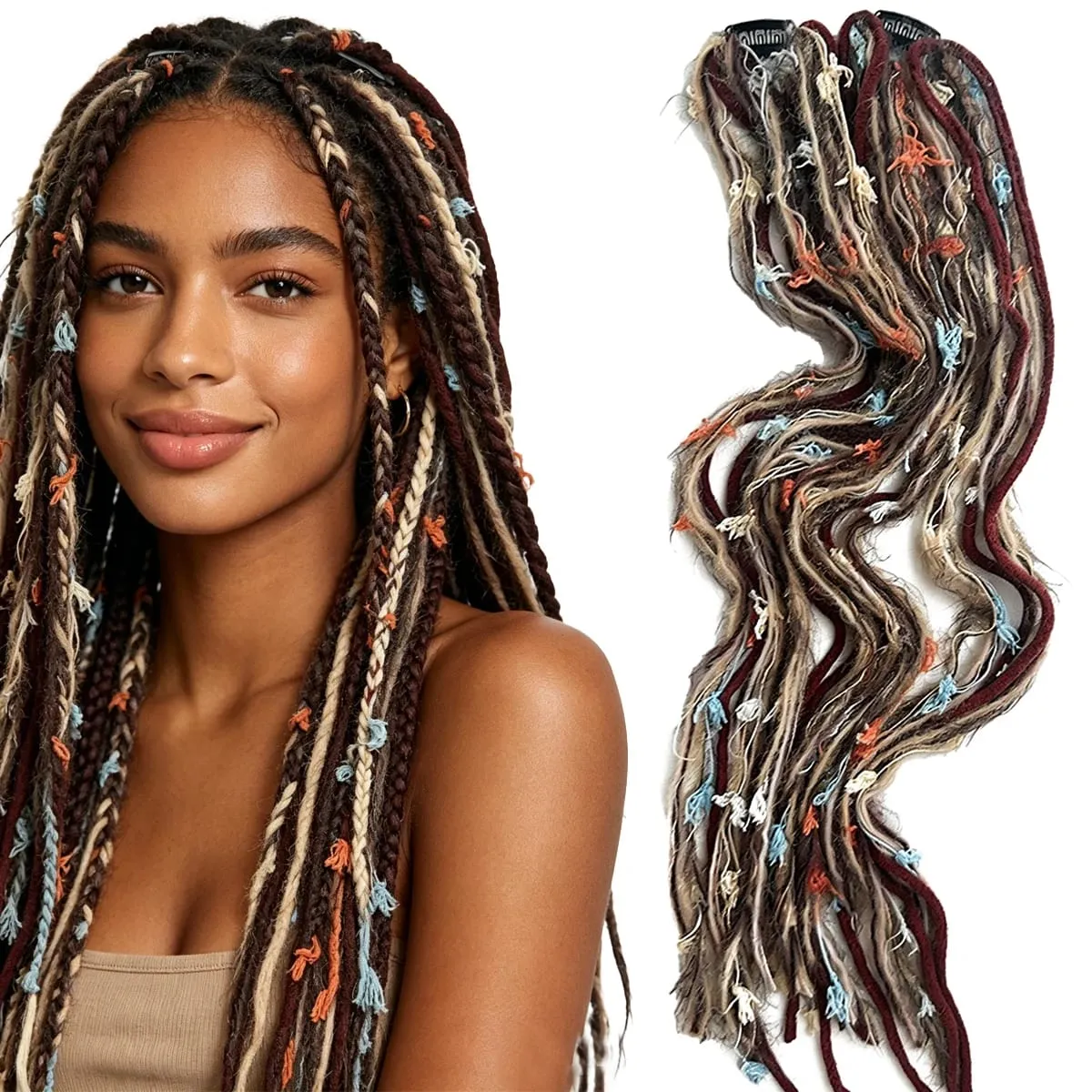 Sintetico 2 pezzi filato di lana Dreadlock clip estensioni dei capelli Maillard lungo Boho nappa colorata trecce vintage capelli per donna