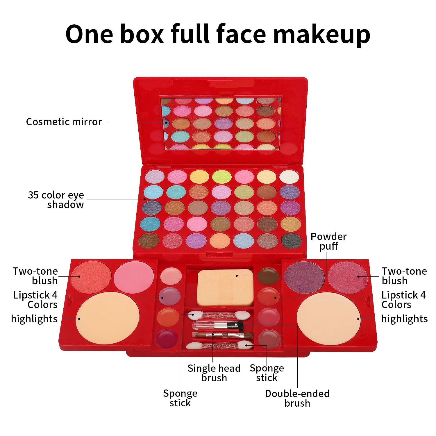 Makeup Kit komplet sæt til kvinder Multifunktionel alt i én boks Rød 49 farver Ansigtslæbe Øjenskygge Highlighter Pensel Makeup Palette — image 3