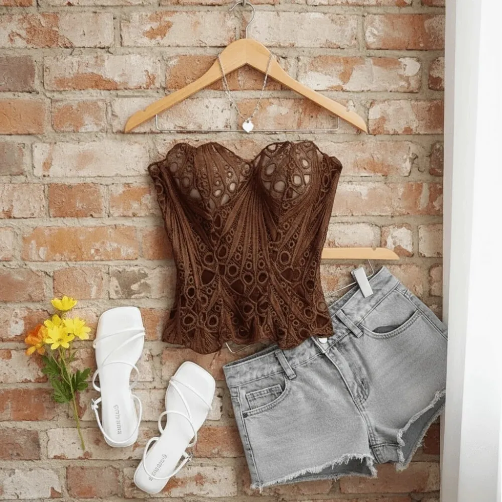 Bustier Ryg Tie Hollow Out Korset Top Uregelmæssig Hem Fiskeben Blonde Korset Mesh Splejsning Kvinder Undertøj Klubtøj