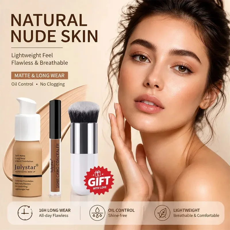 ชุดแต่งหน้าพื้นฐาน 3 ชิ้น แปรงรองพื้นและคอนซีลเลอร์ฟรี Matte 16H Oil-Control Lightweight Full-Coverage สำหรับใบหน้ารายวันอย่างเป็นธรรมชาติ — image 4