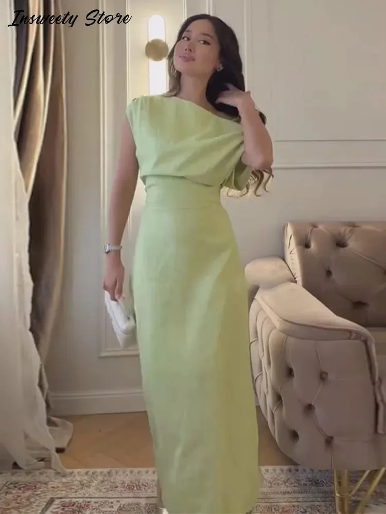 Gaun Pepejal Satu Bahu yang Elegan Gaun Pinggang-cinching Sisi Sebelah Buku lali 2026 Musim Panas Baru Wanita Kasual Jubah Selesa — image 3
