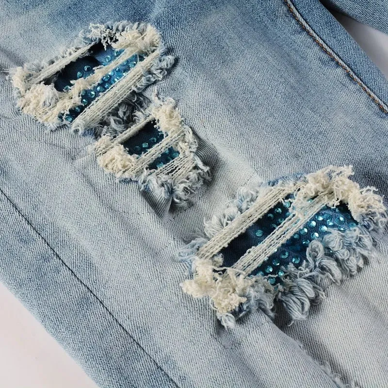 Jeans Denim Patch Kristal Lelaki Streetwear Seluar Stretch Patchwork Biru Koyak Seluar Tirus Kurus Bermasalah — image 4