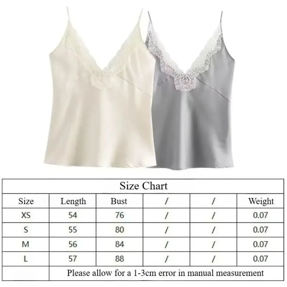 Casual Enfärgad spets Patchwork Tankar Spaghetti Rem Andas Satin Camisole Ärmlösa V-ringad Toppar Party Outfit — image 6