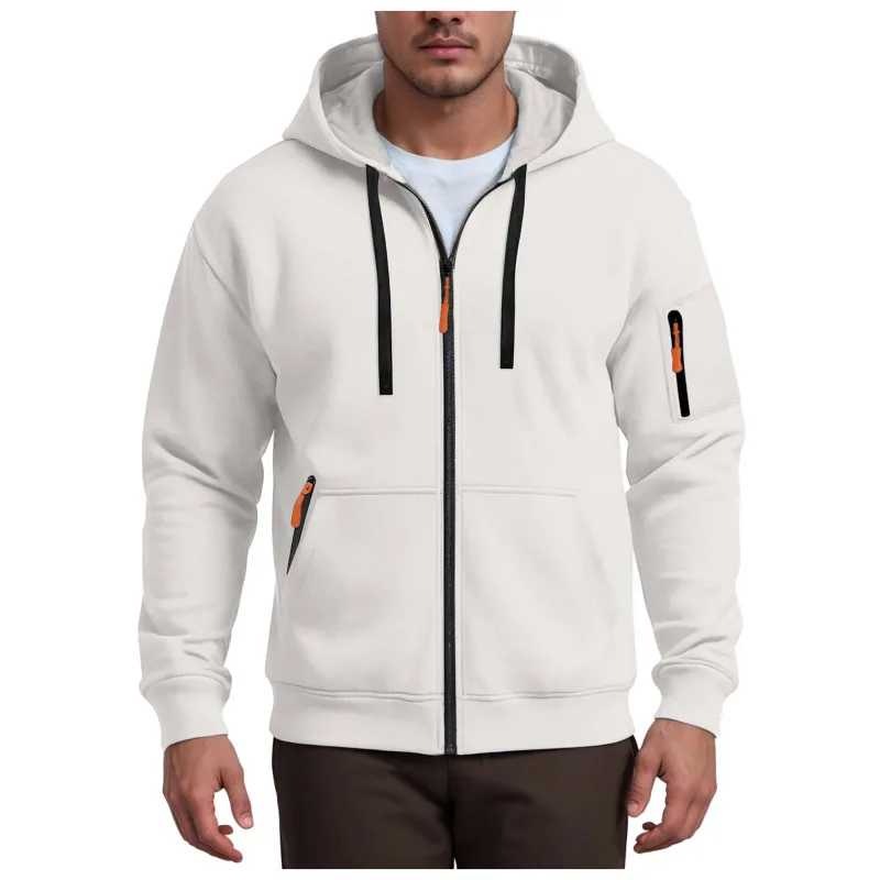 เสื้อฮู้ดผู้ชายเสื้อแจ็คเก็ตซิปหลวมสีทึบแขนซิปกระเป๋าเสื้อฮู้ดทรายเสื้อฮู้ดผู้ชาย — image 16