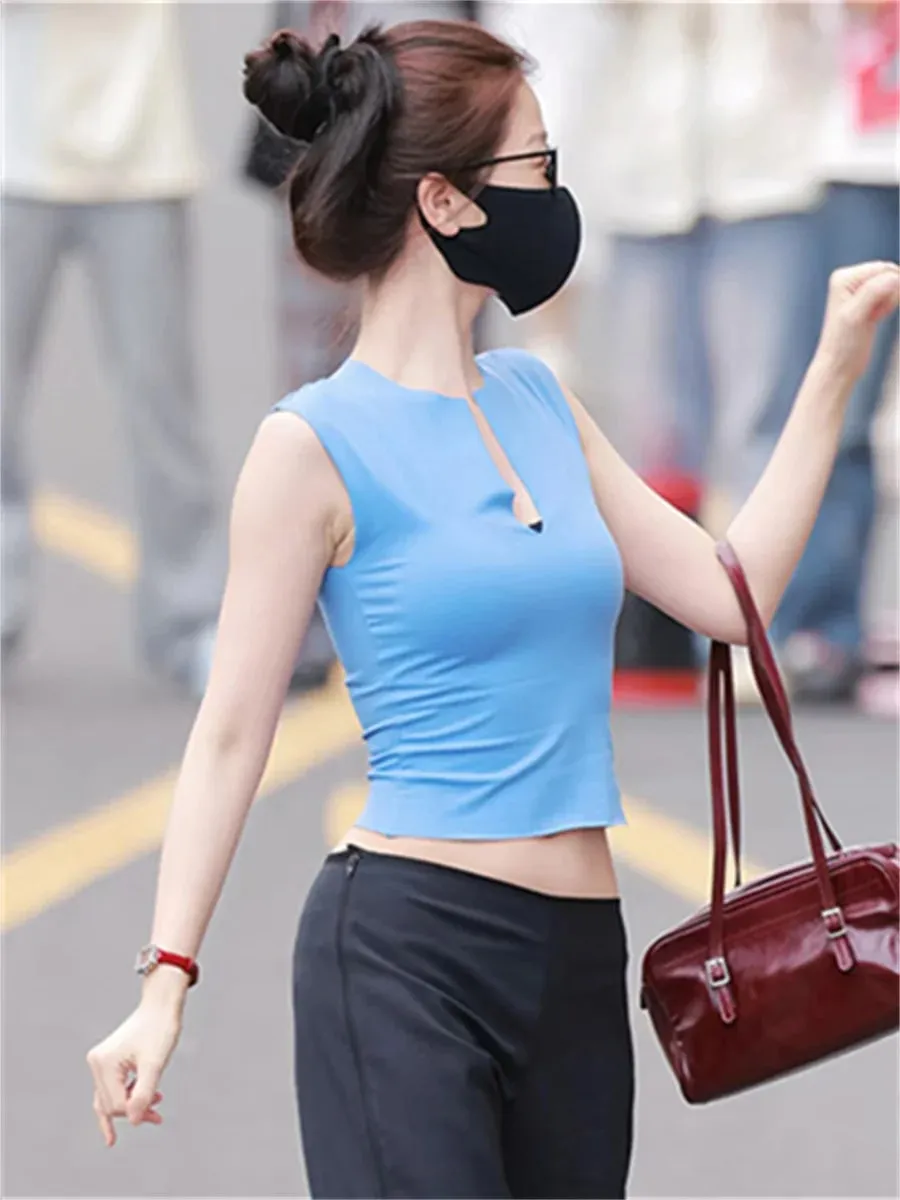 Kasual Puss Pelik Trend Tank Top Wanita Bergaya Klasik Split Patchwork Stretch Simple Sporty Streetwera Fesyen Asas Vest Harian — image 6