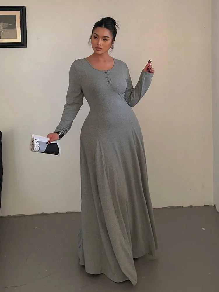 Robe longue fluide trapèze élégante en tricot de couleur unie grande taille | Robe longue pour femme | Style décontracté et de banlieue — image 4