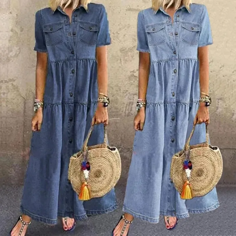 Retro Frauen Kleider 2022 Kurzarm Drehen Unten Kragen Taschen Taste Lange Lose Denim Kleid Sommer Langes Kleid — image 3