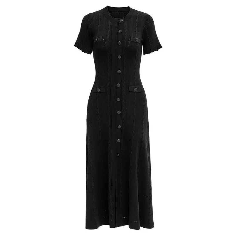 Vintage-Midikleid mit Zopfmuster, Knopfleiste vorne, Rüschen, kurze Ärmel, Taschendesign, elegantes, legeres Party-Strickkleid — image 2