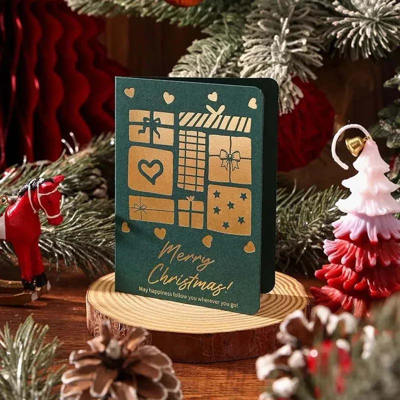 10 Adet Vintage Altın Folyo Noel Katlanır Tebrik Kartları Çok Desen Nimet Tatil Kartları Yeni Yıl Kartpostal Hediye Kartları