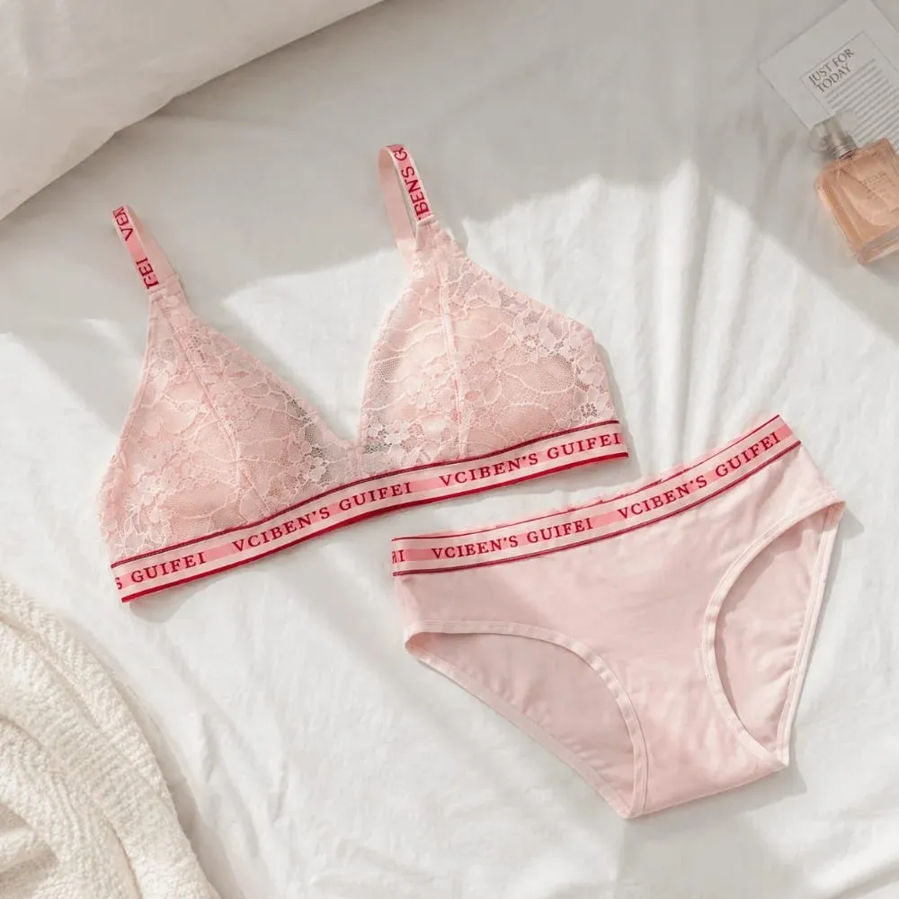 Set Pakaian Dalam Rekaan Surat Selesa Lace Deep V Sut Seluar Dalam Wanita Tanpa Wayar Set Seluar Dalam Penyekat Warna Set Famle — image 3